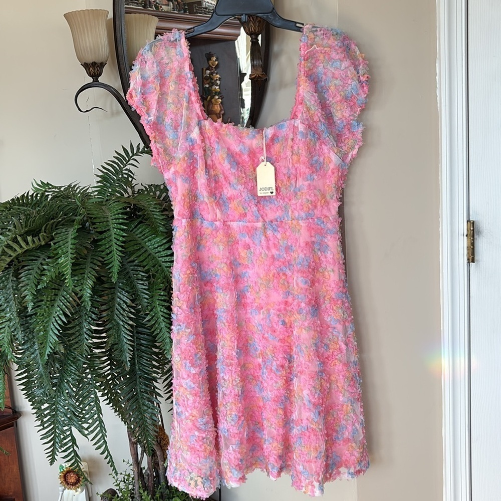 Brand New JODIFL Pink Rainbow Pastel Textured Floral Dress Babydoll Lined